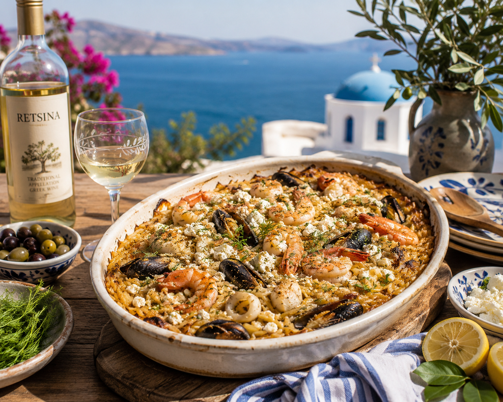Greek Seafood & Retsina Orzo Bake