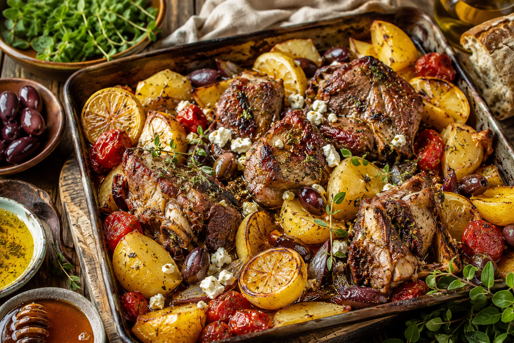 Cretan Lamb Traybake with Olive Oil Potatoes, Olives & Thyme Honey