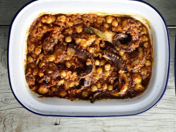 Baked Chickpeas with Octopus and Tomato Sauce