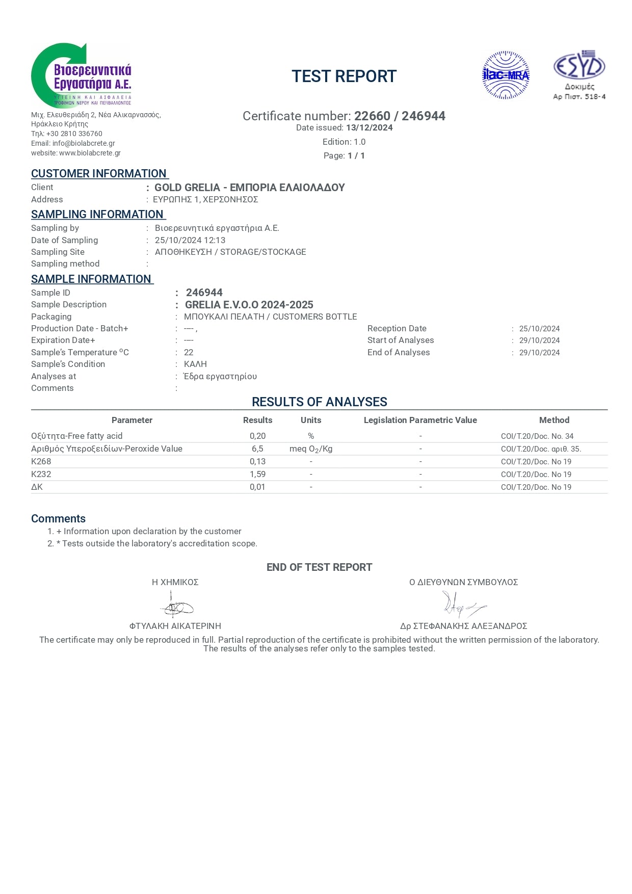 High Polyphenol Limited Production Greek Extra Virgin Olive Oil, 1lt.