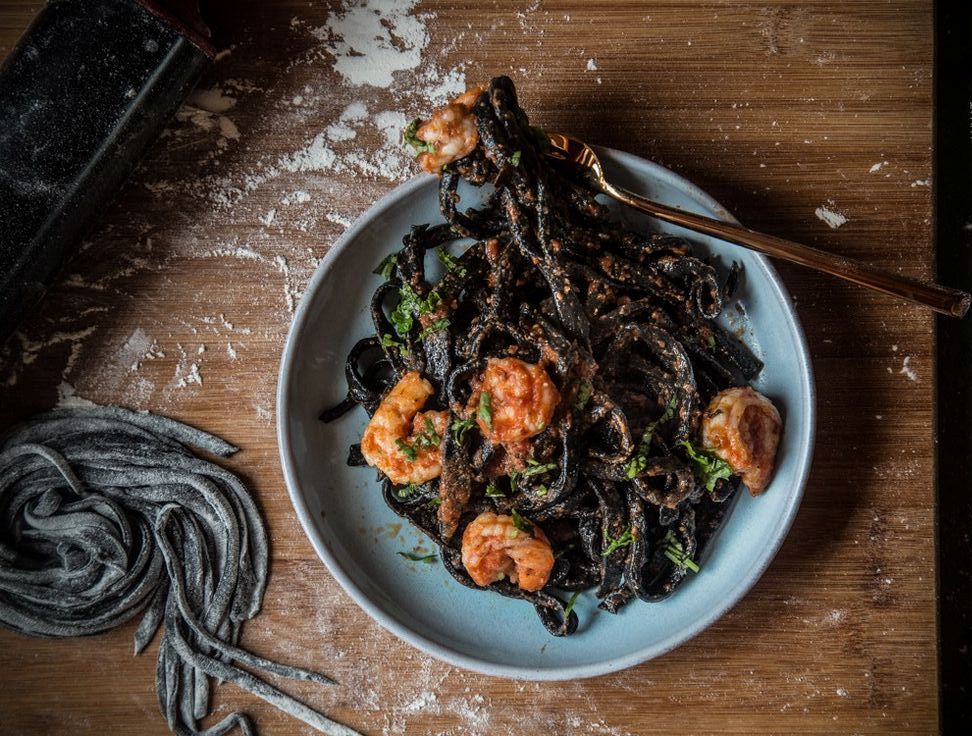 Greek Squid Ink Hilopites / Tagliatelles with Tuna and Extra Virgin Olive Oil
