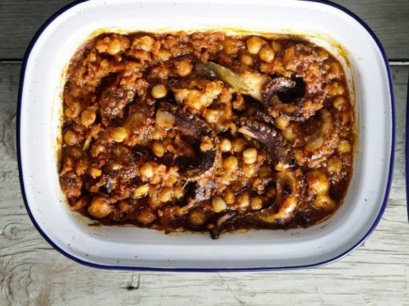 Baked  Chickpeas with Octopus and Tomato Sauce