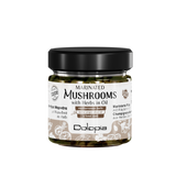 Greek Marinated Mushrooms with Herbs in Extra Virgin Olive Oil. Traditional Mediterranean Appetizer.