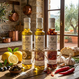 The Mediterranean Whole-Ingredient 3 Flavours Pack: Premium Greek EVOO Bundle – Lemon, Garlic & Chilli (3 x 250ml), from Crete.