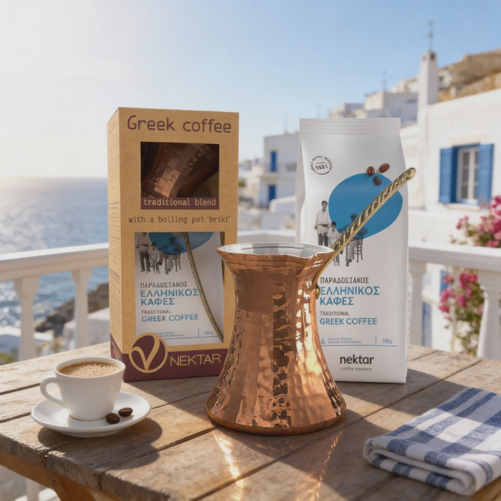 Greek Coffee Traditional Blend 200gr with Brass Boiling Pot '' Briki 1a