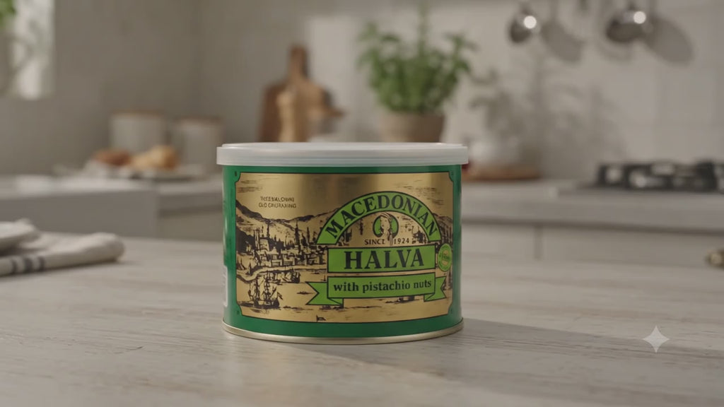  Greek Macedonian Halva with Pistachio Nuts 1kg Tin Can.